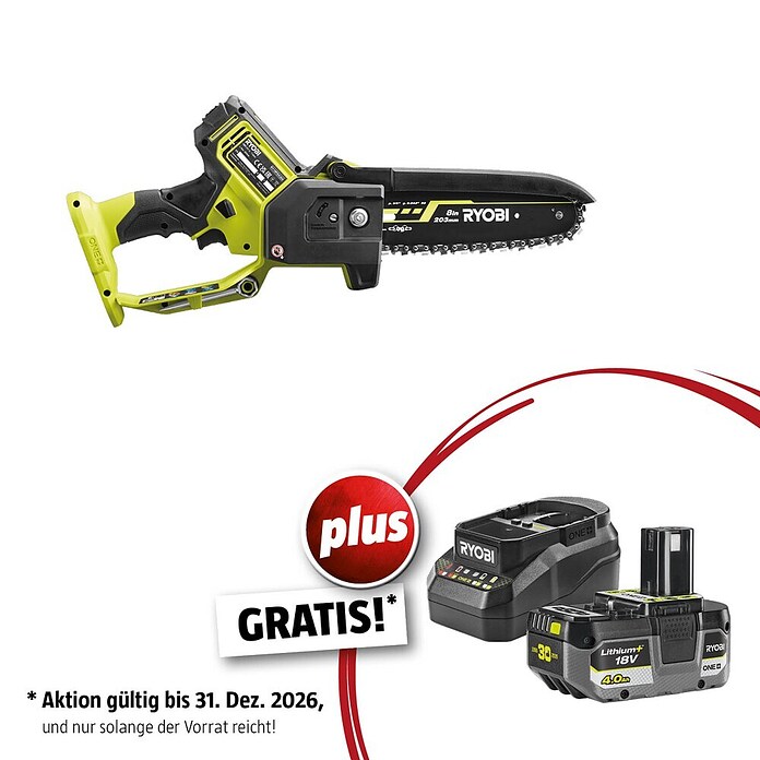 Ryobi ONE+ Maschinenpaket (Akku-Astsäge RY18PSX20A-0,18V, 4 Ah Akku & 2A Ladegerät) | BAUHAUS