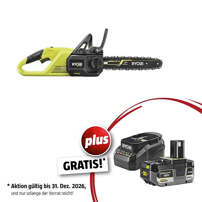 Ryobi ONE+ Maschinenpaket (Akku-Kettensäge RY18CSX30A-0,18V, 4 Ah Akku & 2A Ladegerät) | BAUHAUS