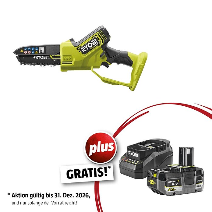 Ryobi ONE+ Maschinenpaket (Akku-Astsäge RY18PSX15A-0,18V, 4 Ah Akku & 2A Ladegerät) | BAUHAUS