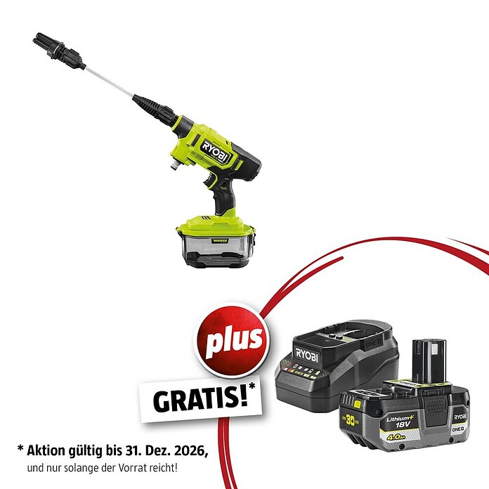 Ryobi ONE+ Maschinenpaket (Akku-Hochdruckreiniger RY18PWX41A-0,18V, 4 Ah Akku & 2A Ladegerät) | BAUHAUS