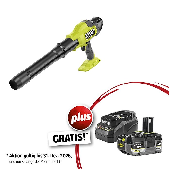 Ryobi ONE+ Maschinenpaket (Akku-Laubbläser RY18BLCXA-0,18V, 4 Ah Akku & 2A Ladegerät) | BAUHAUS