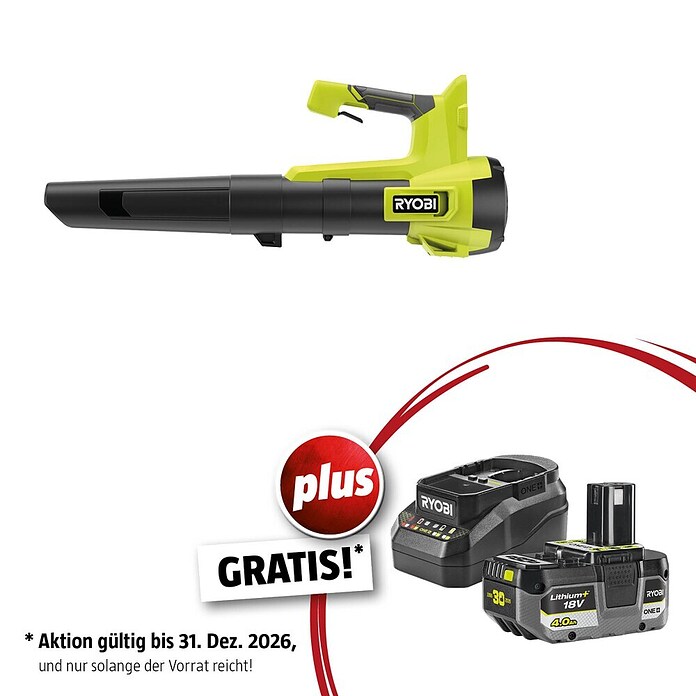 Ryobi ONE+ Maschinenpaket (Akku-Gebläse RY18BLB-0,18V, 4 Ah Akku & 2A Ladegerät) | BAUHAUS