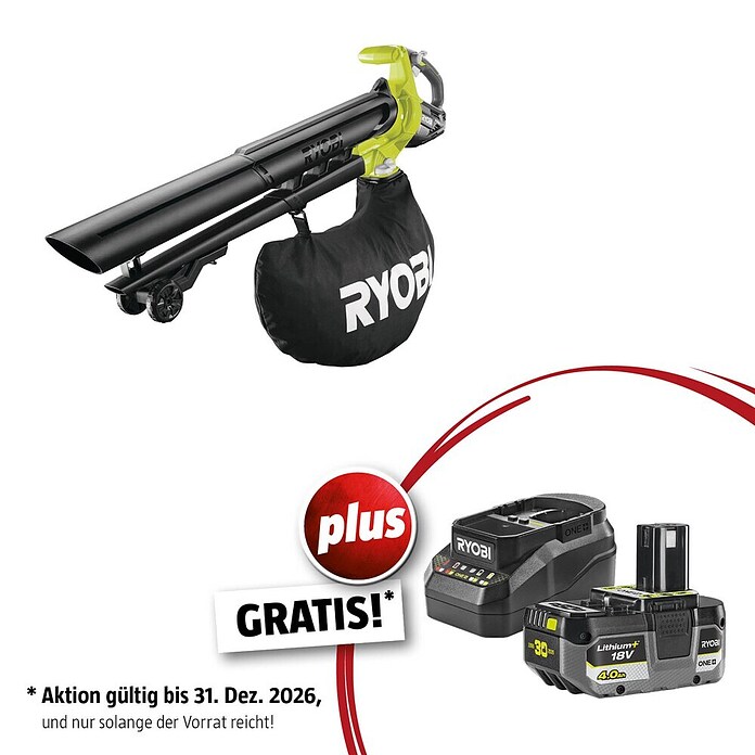 Ryobi ONE+ Maschinenpaket (Akku-Laubsauger OBV18,18V, 4 Ah Akku & 2A Ladegerät) | BAUHAUS