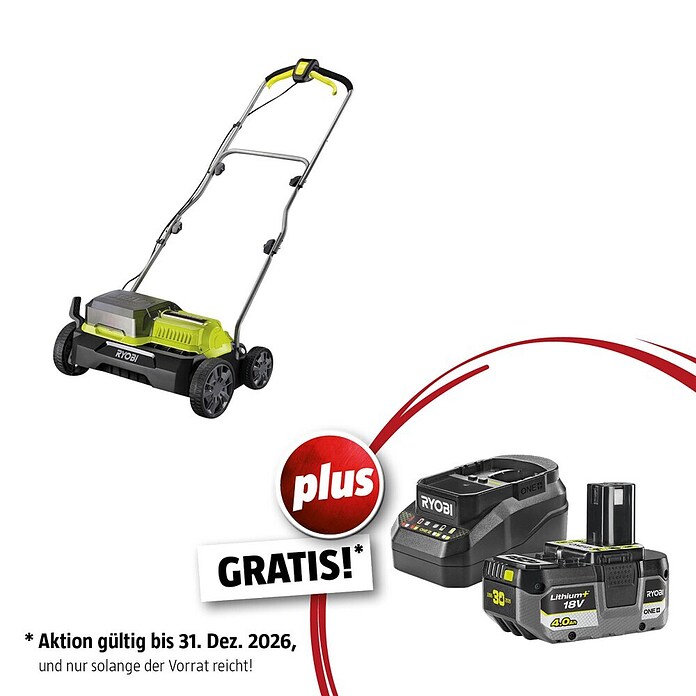 Ryobi ONE+ Maschinenpaket (Akku-Vertikutierer RY18SFX35A-0,18V, 4 Ah Akku & 2A Ladegerät) | BAUHAUS
