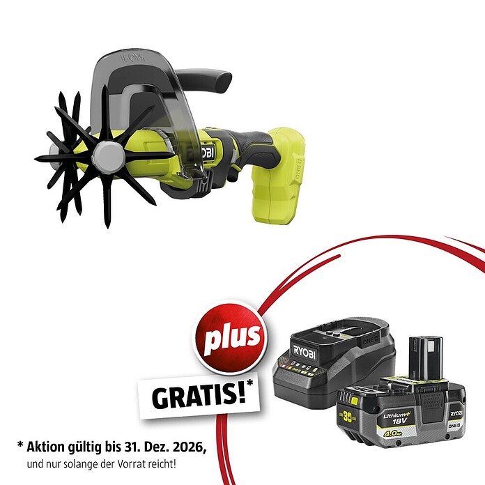 Ryobi ONE+ Maschinenpaket (Akku-Bodenhacke RY18HCA-0,18V, 4 Ah Akku & 2A Ladegerät) | BAUHAUS