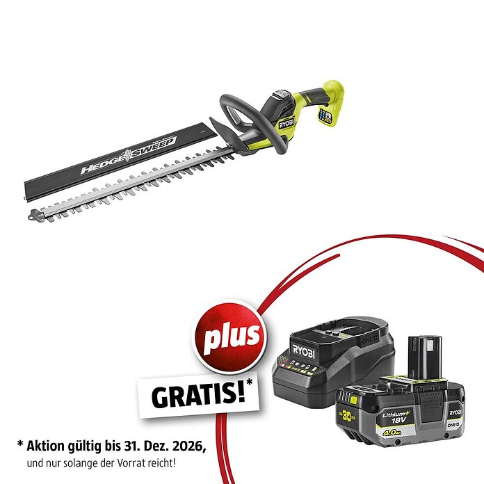 Ryobi ONE+ Maschinenpaket (Akku-Heckenschere RY18HT45A-0,18V, 4 Ah Akku & 2A Ladegerät) | BAUHAUS