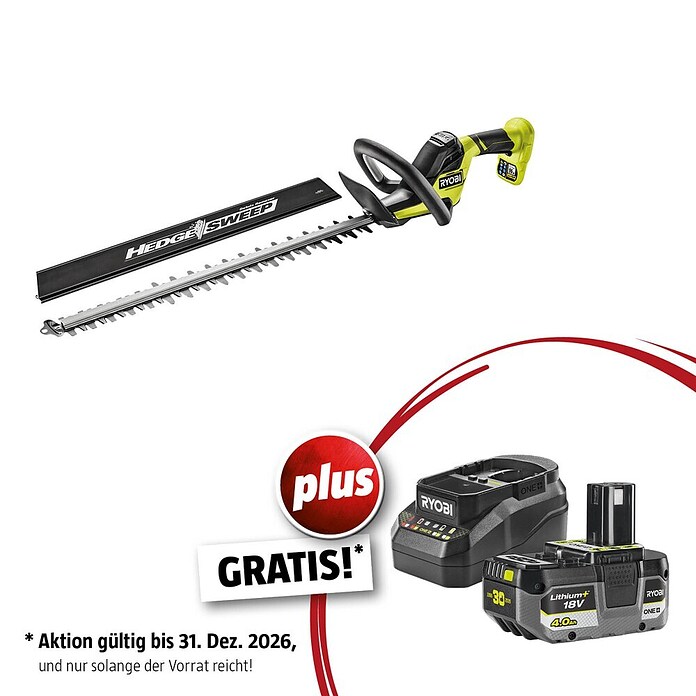 Ryobi ONE+ Maschinenpaket (Akku-Heckenschere RY18HT55A-0,18V, 4 Ah Akku & 2A Ladegerät) | BAUHAUS