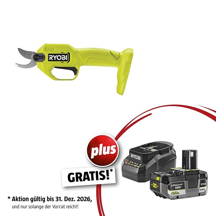 Ryobi ONE+ Maschinenpaket (Akku-Gartenschere RY18SCA-0,18V, 4 Ah Akku & 2A Ladegerät) | BAUHAUS