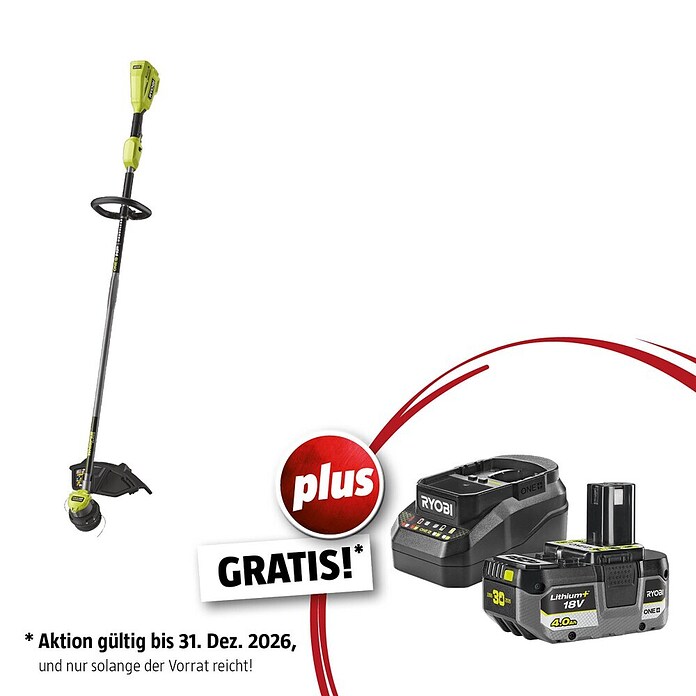 Ryobi ONE+ Maschinenpaket (Akku-Rasentrimmer RY18LTX38A-0,18V, 4 Ah Akku & 2A Ladegerät) | BAUHAUS