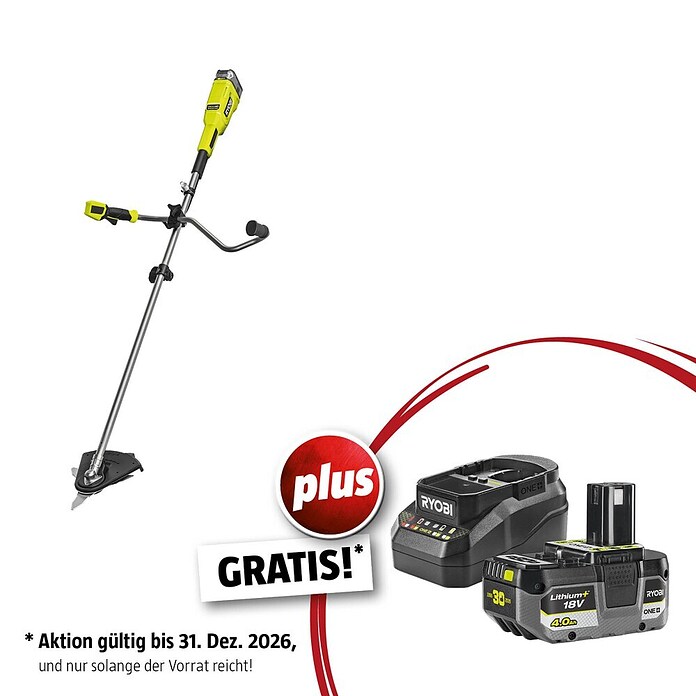 Ryobi ONE+ Maschinenpaket (Akku-Freischneider RY18BCX26A-0,18V, 4 Ah Akku & 2A Ladegerät) | BAUHAUS