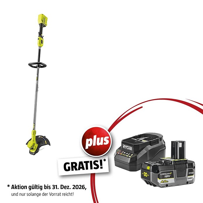 Ryobi ONE+ Maschinenpaket (Akku-Rasentrimmer RY18LTX33A-0,18V, 4 Ah Akku & 2A Ladegerät) | BAUHAUS