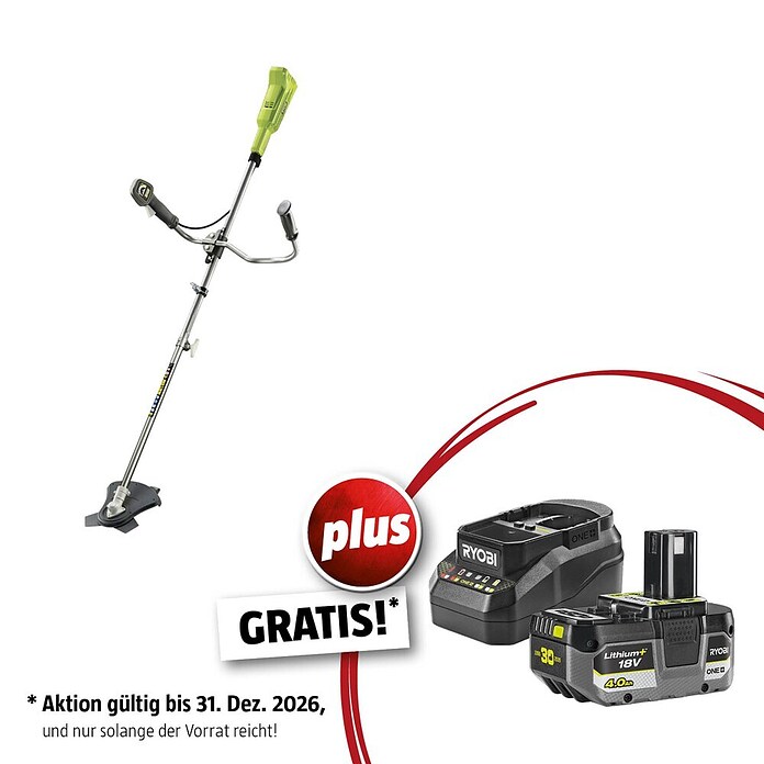 Ryobi ONE+ Maschinenpaket (Akku-Motorsense OBC1820B,18V, 4 Ah Akku & 2A Ladegerät) | BAUHAUS