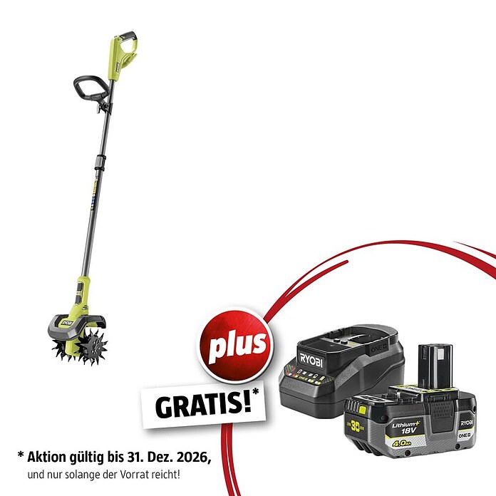 Ryobi ONE+ Maschinenpaket (Akku-Bodenhacke RY18CVA-0,18V, 4 Ah Akku & 2A Ladegerät) | BAUHAUS