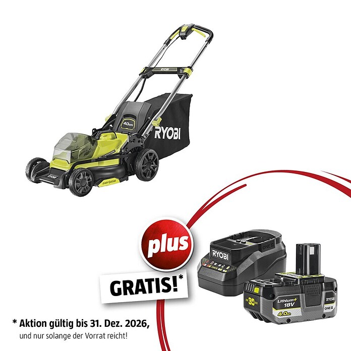 Ryobi ONE+ Maschinenpaket (Akku-Rasenmäher RY18LMX40C-0,18V, 4 Ah Akku & 2A Ladegerät) | BAUHAUS