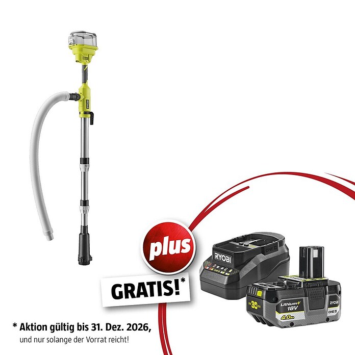 Ryobi ONE+ Maschinenpaket (Akku-Regenfasspumpe RY18STPA-0,18V, 4 Ah Akku & 2A Ladegerät) | BAUHAUS