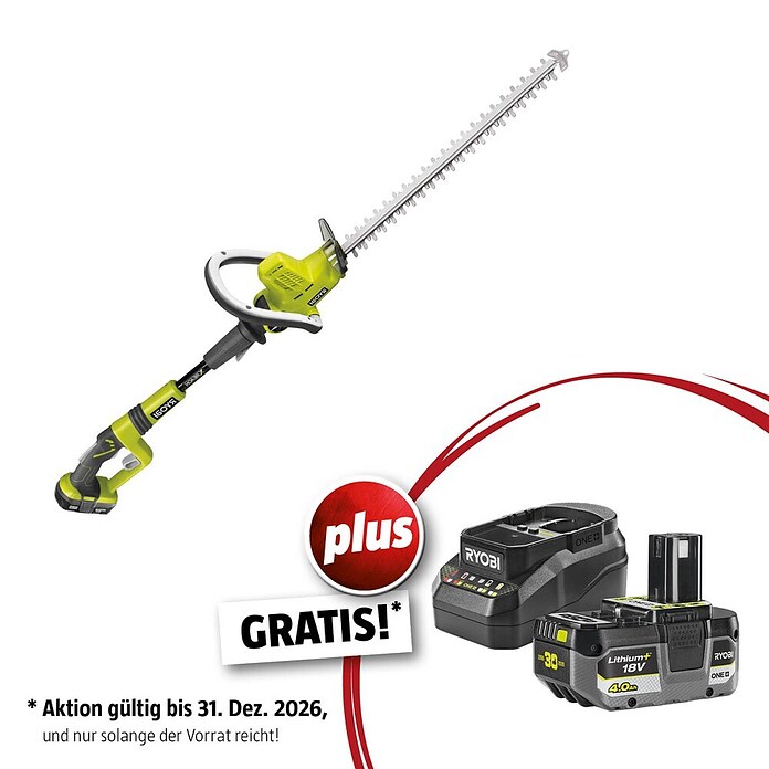 Ryobi ONE+ Maschinenpaket (Akku-Heckenschere OHT1850X,18V, 4 Ah Akku & 2A Ladegerät) | BAUHAUS