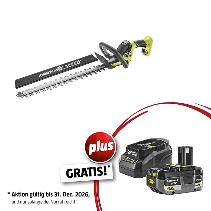 Ryobi ONE+ Maschinenpaket (Akku-Heckenschere RY18HTX60A-0,18V, 4 Ah Akku & 2A Ladegerät) | BAUHAUS