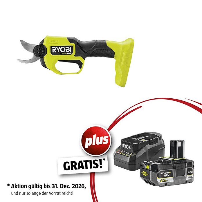 Ryobi ONE+ Maschinenpaket (Akku-Gartenschere RY18SCXA-0,18V, 4 Ah Akku & 2A Ladegerät) | BAUHAUS