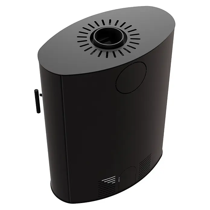 Ildnord Kaminofen Renvik - Stahl, Schwarz, L x B x H: 410 x 750 x 965 mm, 4 kW - 12 kW - Schwarzer ovaler Pelletofen mit Lüftungsschlitzen oben und zentraler Öffnung. Mit seitlichem Griff und unteren Gittern.