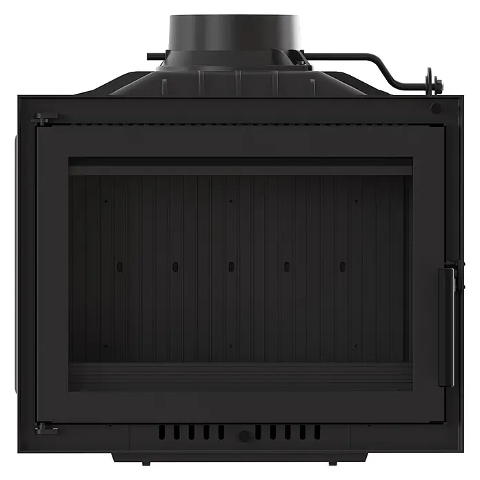 Ildnord Kamineinsatz Bergen - 8 kW, Raumheizvermögen: 80 m³, Gerade, Ohne Dekorelemente - Schwarzer Kamineinsatz aus Metall mit großer Glasscheibe und oberem Rauchrohranschluss.