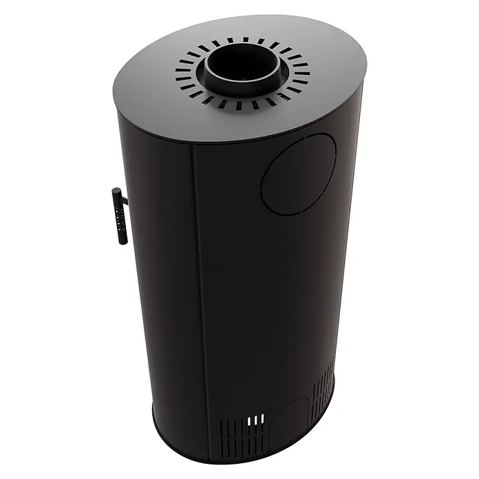 Ildnord Kaminofen Loki - Stahl, Schwarz, 3 kW - 6 kW - Moderner schwarzer Pelletofen mit elliptischem Sockel, oberen und unteren Belüftungsöffnungen und einem Seitenhandgriff.