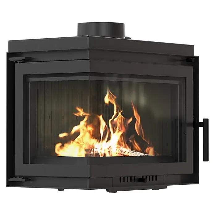 Ildnord Kamineinsatz Bergen - 8 kW, Raumheizvermögen: 80 m³, Links, Ohne Dekorelemente - Schwarzer Metall-Kamineinsatz mit Eckscheibe, der helle Flammen und brennende Holzscheite zeigt.