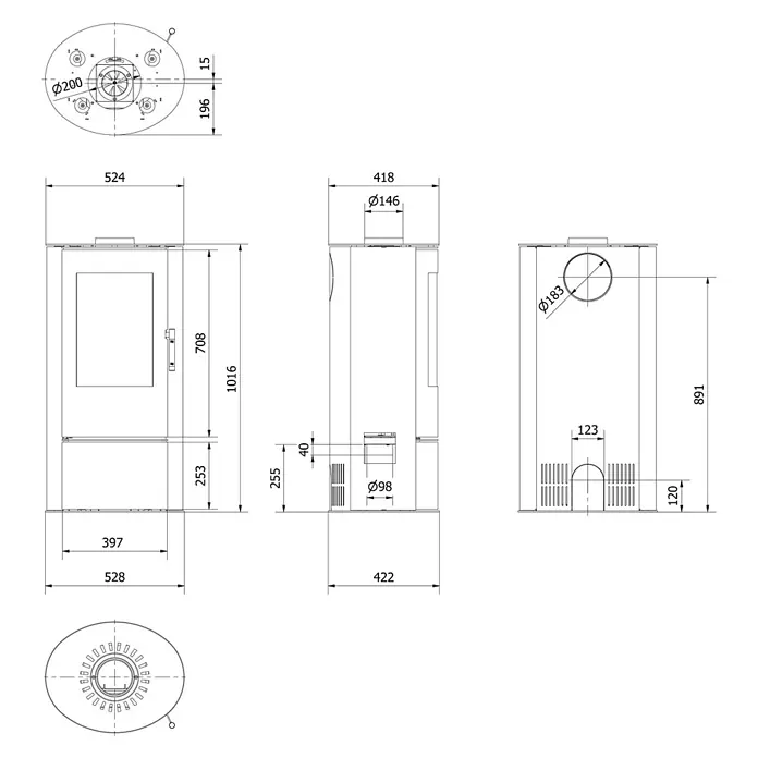 Ildnord Kaminofen Loki - Stahl, Schwarz, 3 kW - 6 kW - Technische Zeichnung eines rechteckigen Ofens mit Glastür, Maße und Anschlüsse für Rauchrohr und Luft.