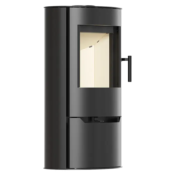 Ildnord Kaminofen Torven - 5 kW - 10 kW, Stahl, Schwarz, L x B x H: 406 x 536 x 965 mm - Schwarzer moderner Holzofen mit großer Glasscheibe und beiger Brennraumauskleidung.