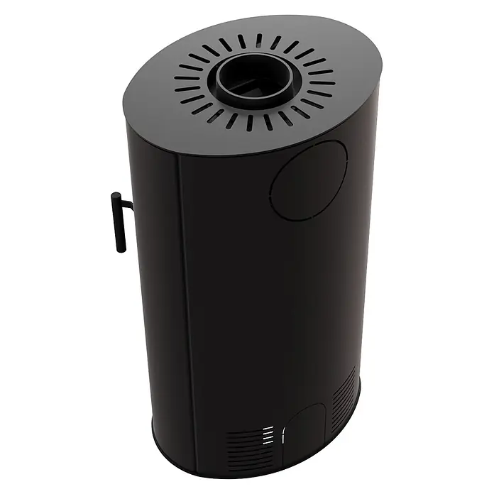 Ildnord Kaminofen Torven - 5 kW - 10 kW, Stahl, Schwarz, L x B x H: 406 x 536 x 965 mm - Schwarze, ovale Heizung mit perforierter Oberseite, zentralem Abzug, seitlichem Griff und unteren Lüftungsschlitzen.