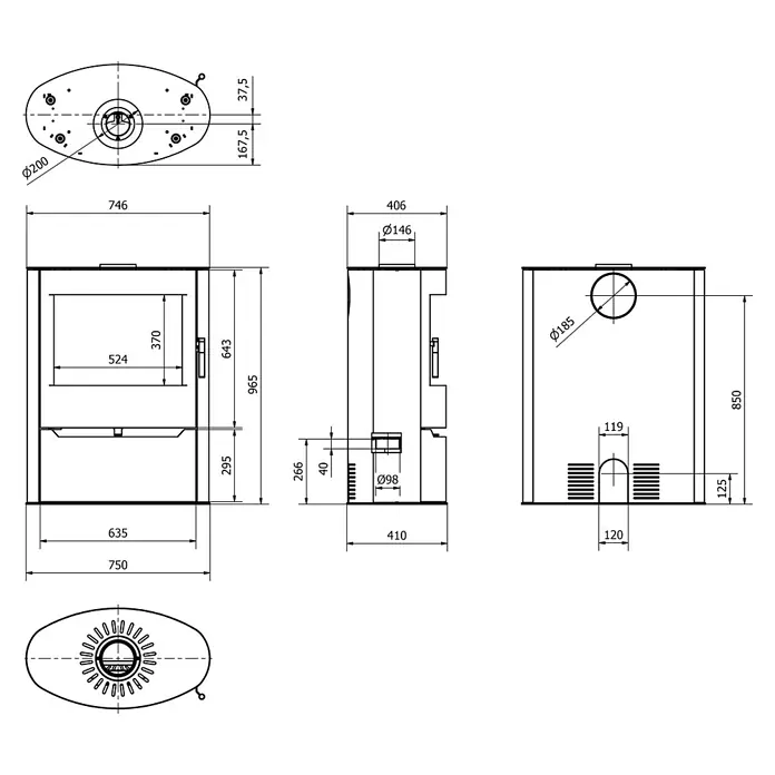 Ildnord Kaminofen Renvik - Stahl, Schwarz, L x B x H: 410 x 750 x 965 mm, 4 kW - 12 kW - Technische Zeichnung eines modernen Holzofens mit verschiedenen Ansichten und Maßen für die Installation.
