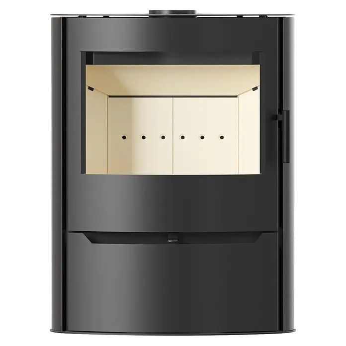 Ildnord Kaminofen Renvik - Stahl, Schwarz, L x B x H: 410 x 750 x 965 mm, 4 kW - 12 kW - Dunkelgrauer Holzofen mit Glasfenster, hellem Innenraum und Bedienungselementen an der Vorderseite.