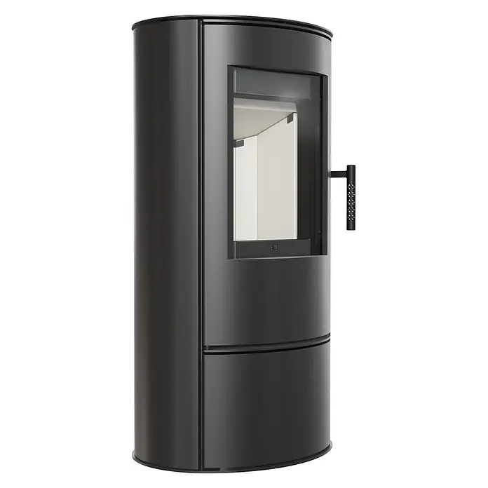 Ildnord Kaminofen Loki/PF - Stahl, Schwarz, 3 kW - 6 kW - Moderner schwarzer zylindrischer Kaminofen mit großer Glastür und Griff.