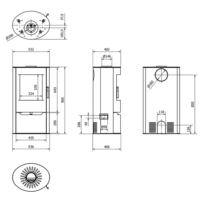 Ildnord Kaminofen Torven - 5 kW - 10 kW, Stahl, Schwarz, L x B x H: 406 x 536 x 965 mm - Technische Zeichnungen eines Ofens mit detaillierten Maßen von Vorder-, Seiten-, Ober- und Unteransicht.