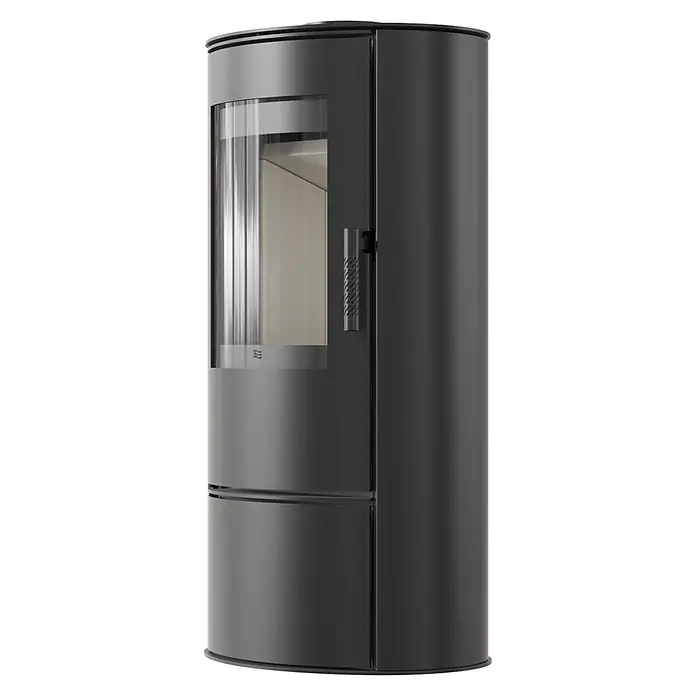 Ildnord Kaminofen Loki - Stahl, Schwarz, 3 kW - 6 kW - Moderner schwarzer Kaminofen mit großer gebogener Glastür und vertikalem Griff.