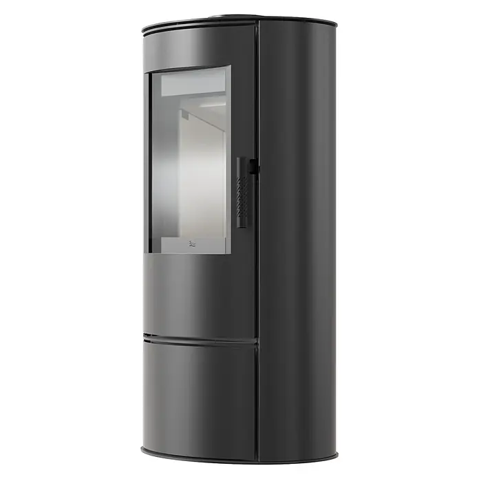 Ildnord Kaminofen Loki/PF - Stahl, Schwarz, 3 kW - 6 kW - Dunkelgrauer zylindrischer Holzofen mit großer Glastür und Griff.