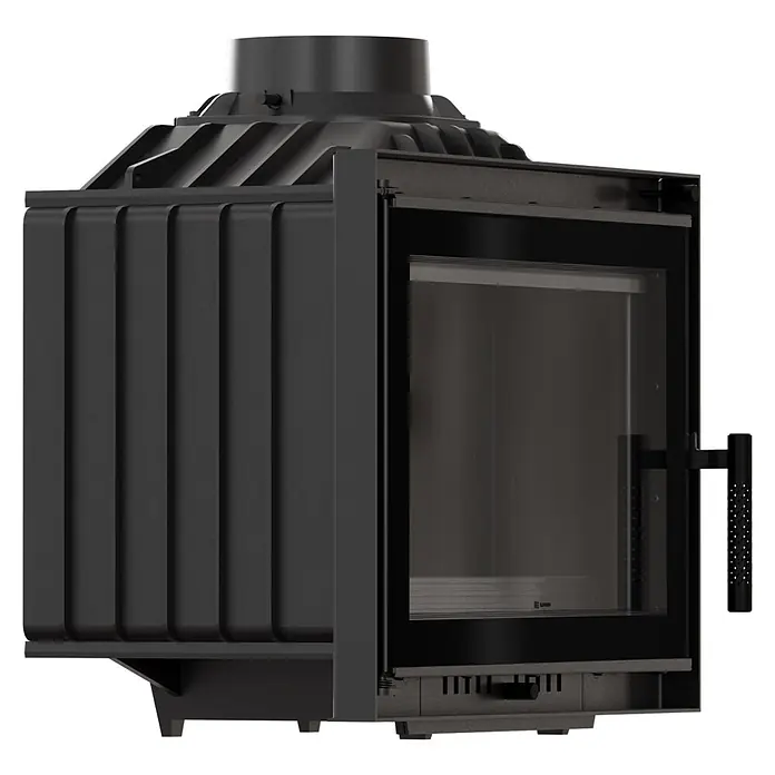 Ildnord Kamineinsatz Bergen - 8 kW, Raumheizvermögen: 80 m³, Gerade, Mit Dekorelementen - Schwarzer Kamineinsatz aus Gusseisen mit Glastür und gerippten Seiten.