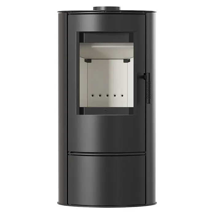 Ildnord Kaminofen Loki/PF - Stahl, Schwarz, 3 kW - 6 kW - Schwarzer zylindrischer Holzofen mit sichtbarem Brennraum durch Glasfront.