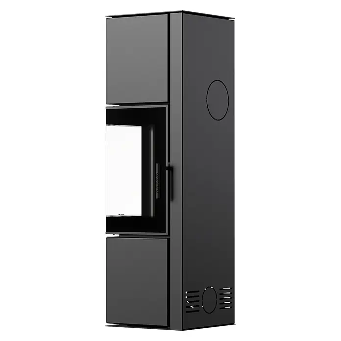 Ildnord Kaminofen Odyn - 8 kW, Raumheizvermögen: 80 m³, Schwarz, Höhe: 143,2 cm - Moderner, dunkelgrauer Kaminofen mit Glasfront und seitlichen Lüftungsöffnungen.