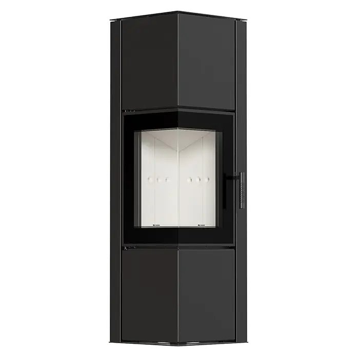 Ildnord Kaminofen Odyn - 8 kW, Raumheizvermögen: 80 m³, Schwarz, Höhe: 143,2 cm - Moderner schwarzer Eckkaminofen mit großer Glastür und Griff.
