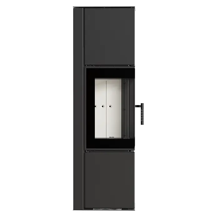 Ildnord Kaminofen Odyn - 8 kW, Raumheizvermögen: 80 m³, Schwarz, Höhe: 143,2 cm - Hoher, dunkelgrauer moderner Kamin mit großer Glastür und strukturiertem schwarzem Griff an der rechten Seite.