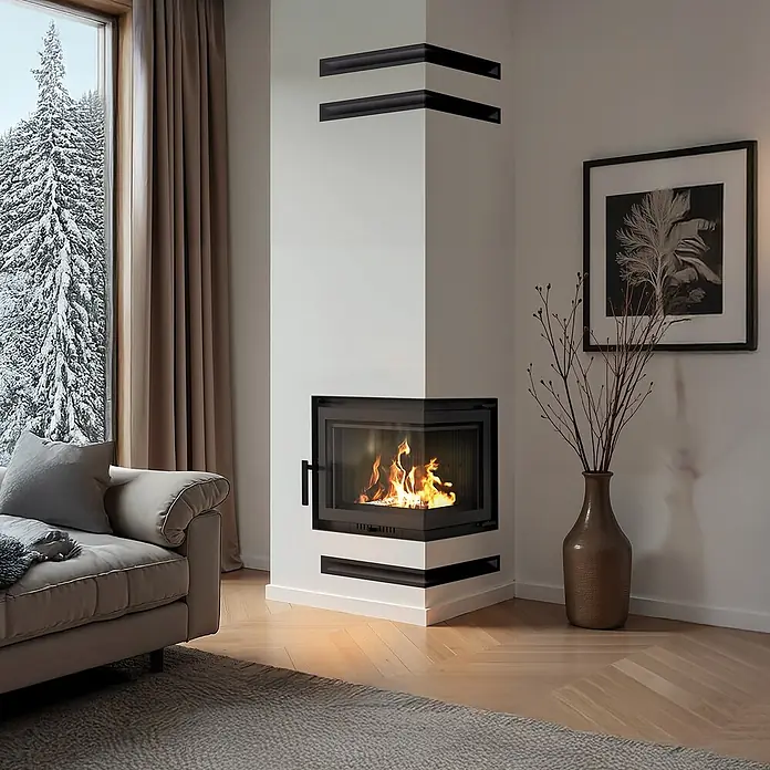 Ildnord Kamineinsatz Bergen - 8 kW, Raumheizvermögen: 80 m³, Rechts, Ohne Dekorelemente - Eckkamin mit schwarzem Rahmen und integrierter weißer Struktur, brennende Holzscheite in gemütlichem Raum.