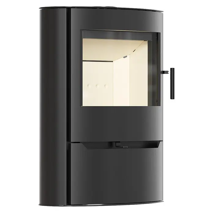 Ildnord Kaminofen Renvik - Stahl, Schwarz, L x B x H: 410 x 750 x 965 mm, 4 kW - 12 kW - Moderner mattschwarzer freistehender Kaminofen mit Glastür, hellem Brennraum und integriertem Griff.