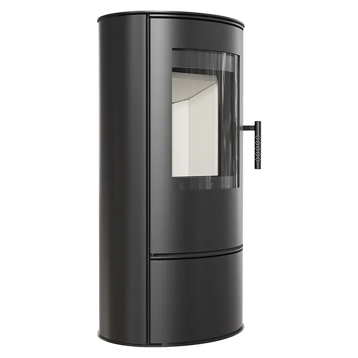 Ildnord Kaminofen Loki - Stahl, Schwarz, 3 kW - 6 kW - Moderner, hoher schwarzer Kaminofen mit großer gebogener Glastür, weißem Brennraum und strukturiertem Griff.
