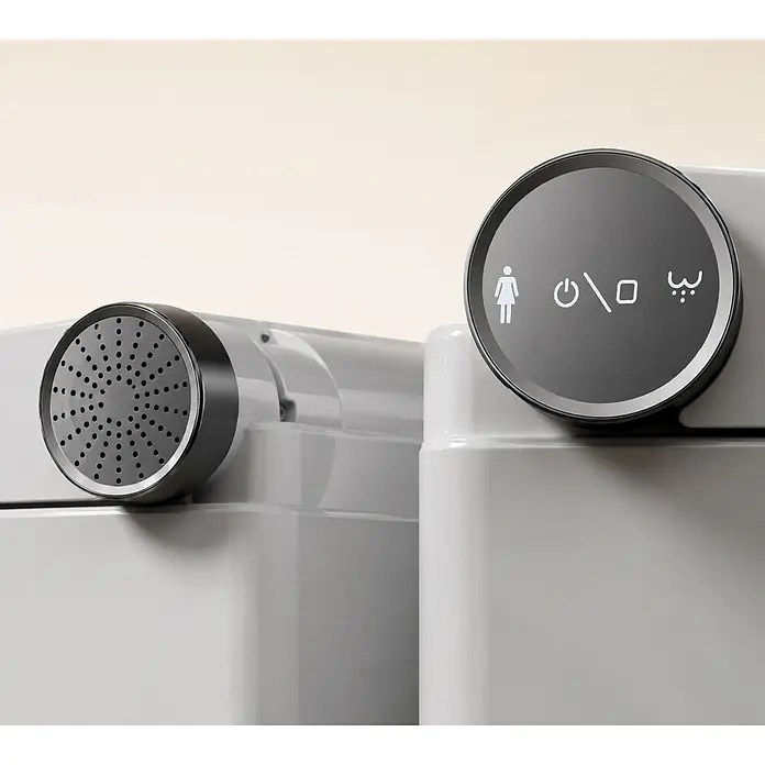 Taza de WC suspendida Japonés Smart Gamma - Sin borde de descarga, Salida WC: Horizontal, Blanco - Accesorio de bidé blanco con boquilla de pulverización circular y dial de control gris oscuro con iconos iluminados para lavado femenino, encendido y chorro de bidé.