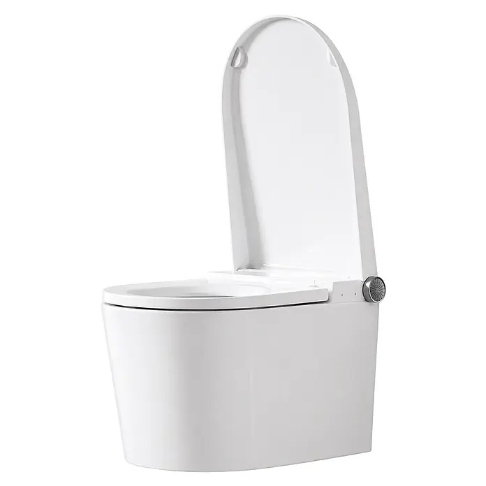 Taza de WC suspendida Japonés Smart Gamma - Sin borde de descarga, Salida WC: Horizontal, Blanco - Inodoro inteligente de cerámica blanca con tapa abierta, revelando una boquilla de bidé.
