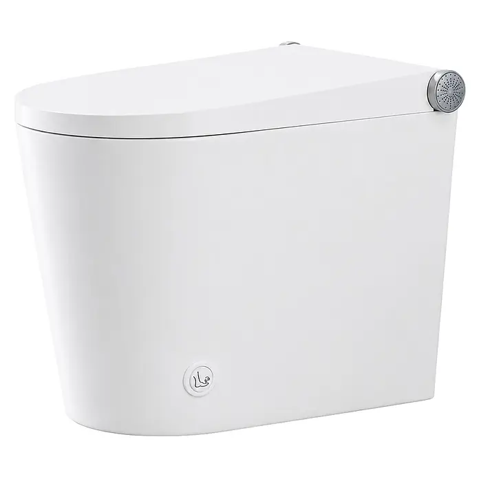 Taza de WC Japonés Smart Beta - Sin borde de descarga, Salida WC: Vertical, Blanco - Inodoro inteligente blanco y moderno con boquilla de bidé plateada integrada y botón de descarga accionado con el pie.