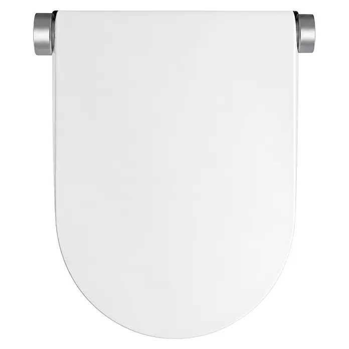 Taza de WC Japonés Smart Beta - Sin borde de descarga, Salida WC: Vertical, Blanco - Tapa de inodoro blanca con bisagras metálicas y frente en forma de U.