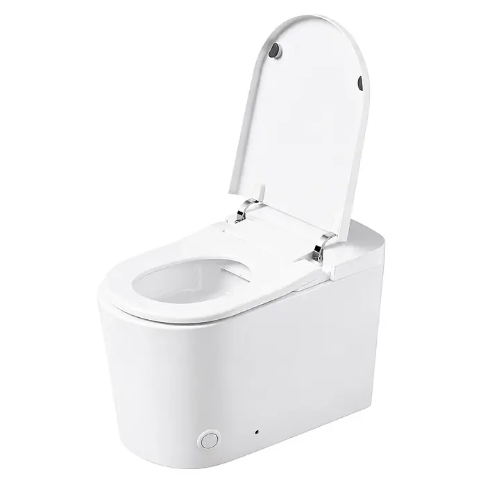 Taza de WC Japonés Smart Alpha - Sin borde de descarga, Salida dual, Blanco - Inodoro inteligente blanco con tapa y asiento abiertos, revelando la taza. Diseño moderno y elegante con un botón de control lateral.