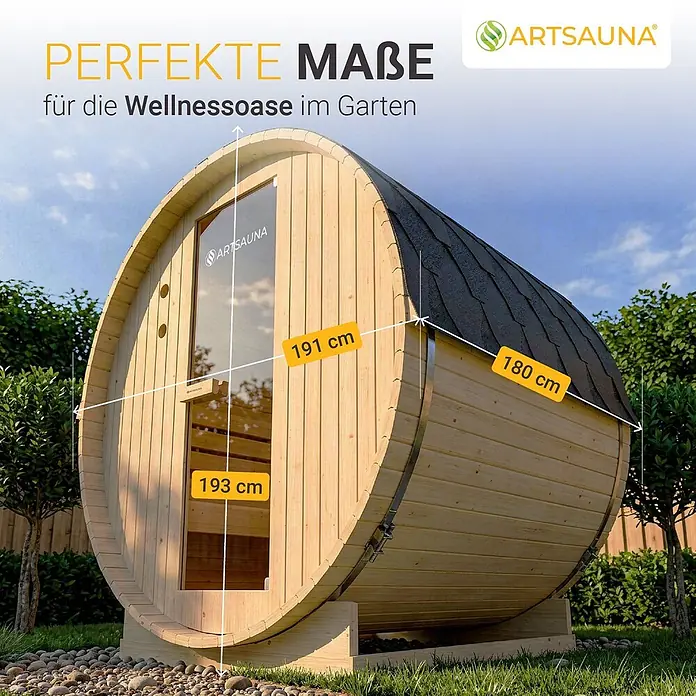 Artsauna Fasssauna Spitzbergen - Holz, L x B x H: 180 x 191 x 193 cm - Hölzerne Fasssauna mit dunklem Dach im Garten, mit Maßen von 191 cm Höhe, 193 cm Breite und 180 cm Länge.