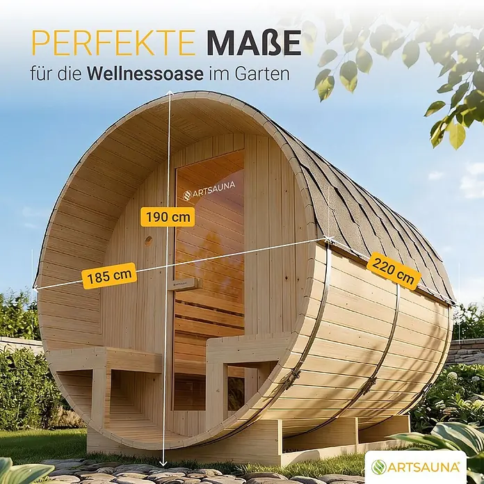 Artsauna Fasssauna Spitzbergen - Holz, L x B x H: 190 x 185 x 220 cm - Helle Holzfasssauna im Garten, mit deutlich sichtbaren Abmessungen: 190cm H, 185cm B, 220cm L.